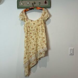 Vintage handmade asymmetrical hem mini dress cottage core floral yellow medium